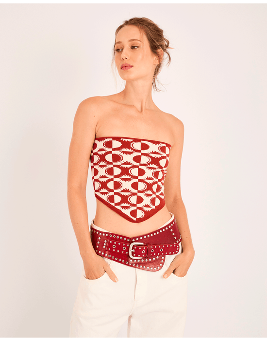 Top tomara que caia tricot ora estampado