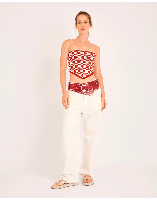 Top tomara que caia tricot ora estampado