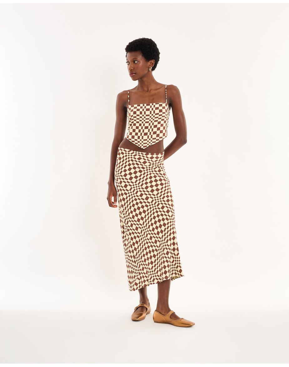 Saia midi nos estampado marrom
