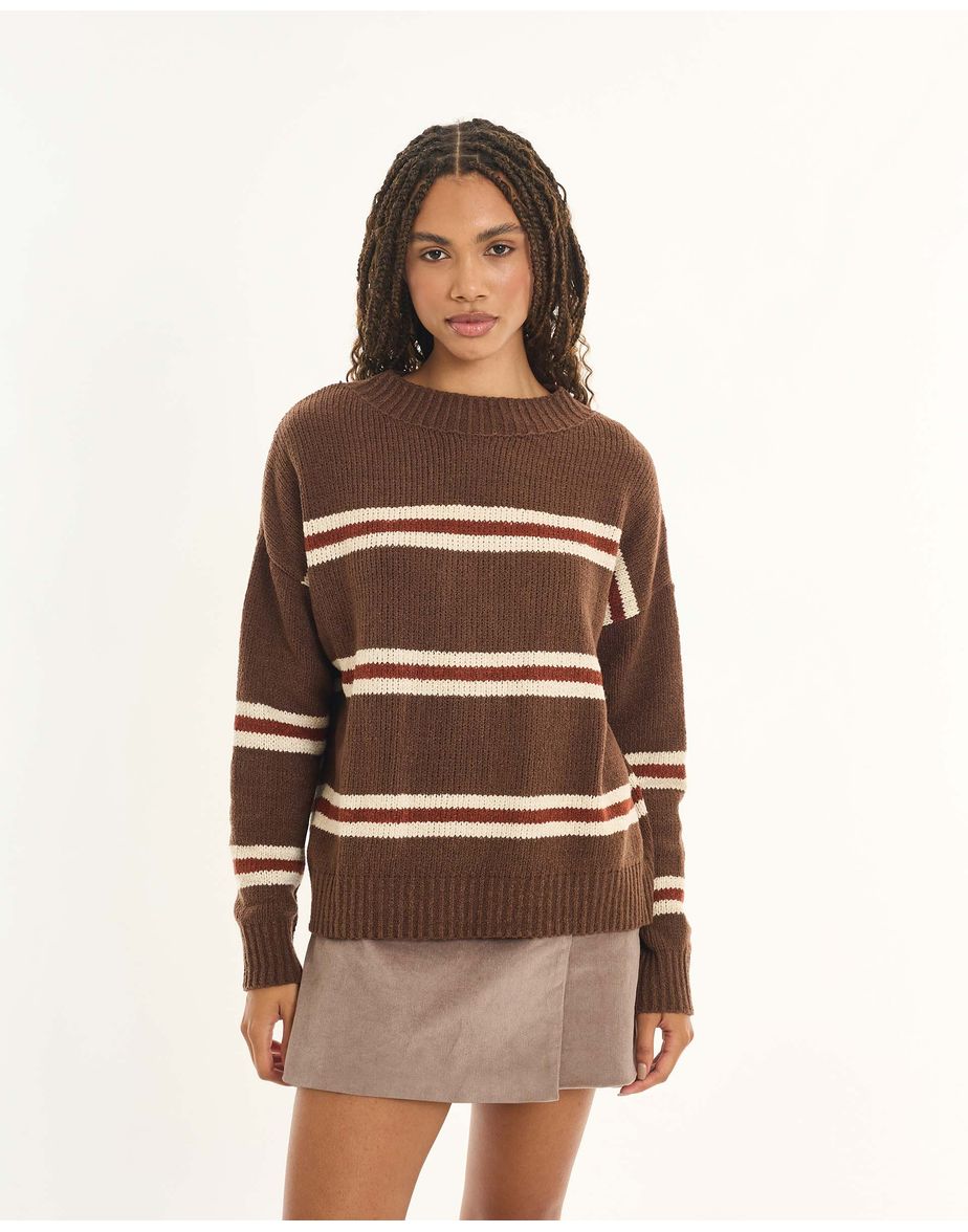 Casaco tricot listras inv listrado marrom