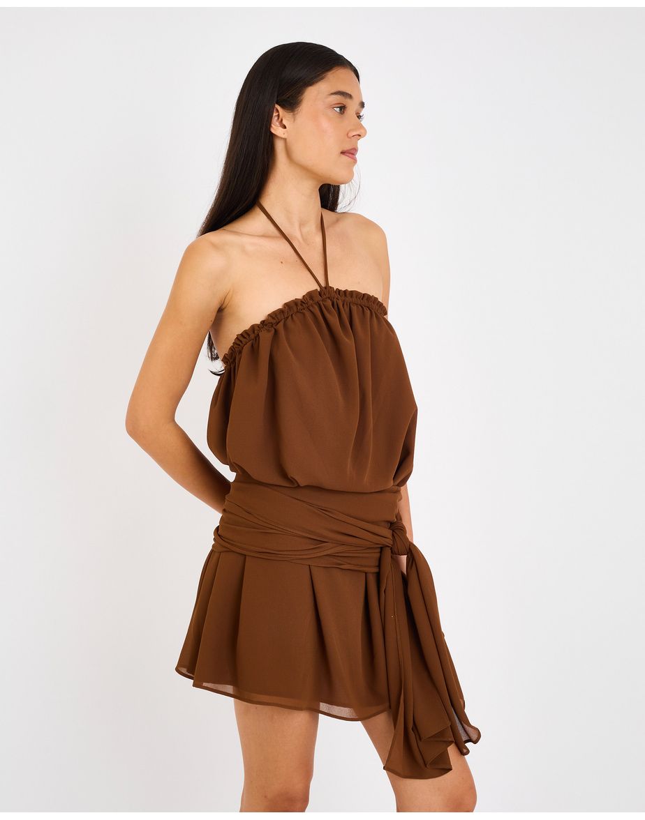 Vestido franzido cay marrom