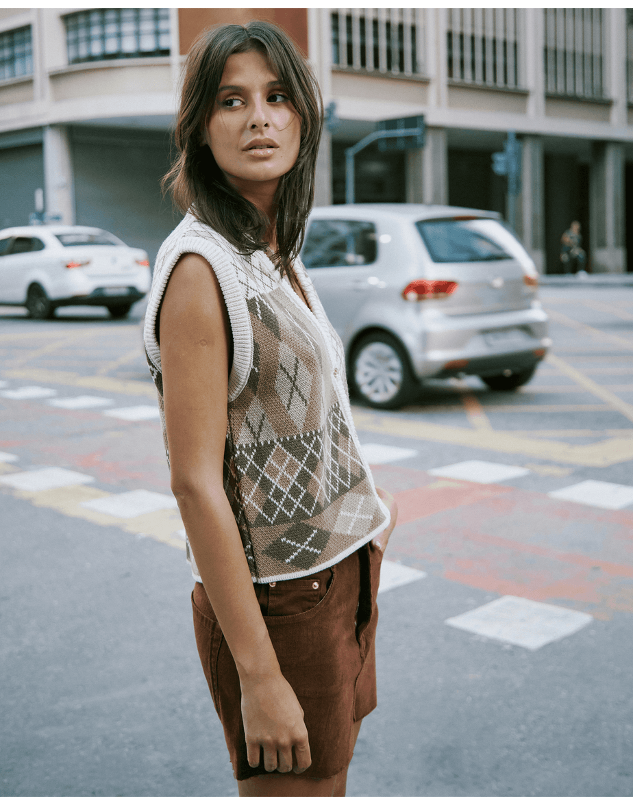 Colete jacquard tricot bege